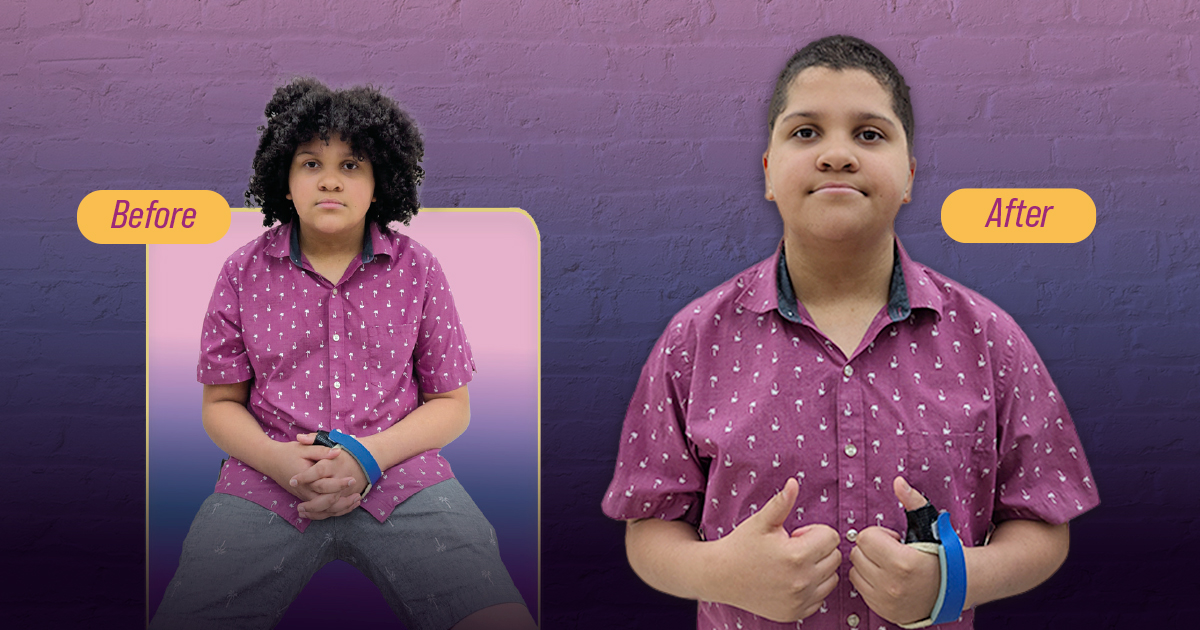 Two images, same boy, side by side; one with long hair, one short